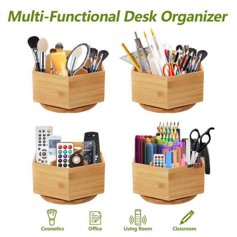 Marbrasse Bamboo Art Supply Organizer, Rotating Pencil Pen Holder, Office Supplies Desktop Storage Caddy, Like Colored Pencils, Pen, Markers, Paint Brushes - Image 4